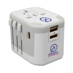 A travel adaptor in white and grey, featuring multiple plug options and USB ports. It includes a logo on the side.