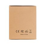 A travel adaptor packaged in a plain cardboard box, featuring certification marks and the text "Made in China."