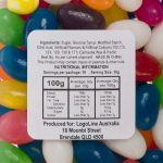 Assorted mini jelly beans in various vibrant colors, presented in a pillow pack with nutritional information.