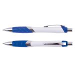 A set of plastic pens in blue and white with a sleek design, featuring chrome accents and a rubber grip for comfort.