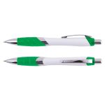 A plastic pen with a white barrel and green rubber grip and accents. The pen features a chrome clip and tip.