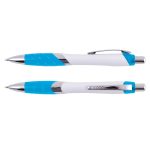 A blue and white plastic pen with a glossy finish and a silver clip, featuring a logo.