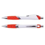 A plastic pen featuring a white body with orange accents and chrome detailing.