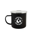 A black enamel mug with a silver interior and a logo on the front.