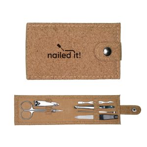 A cork manicure set featuring scissors, nail clippers, tweezers, nail files, and a snap closure.