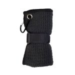 A black travel towel with a loop and strap for easy attachment, featuring a carabiner and textured fabric.