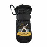 A black travel towel with a textured appearance, secured by a strap and featuring a logo or branding.