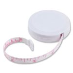 A white tape measure with a retractable pink measuring tape, coiled within a circular case.