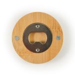 A drink bottle opener coaster made of bamboo, featuring a metal opener in the center and silver screws.