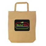 A short handle bag in a natural fiber texture featuring a colorful logo for "MarketWise One-Stop Grocery Shop."