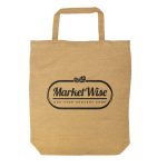 A short-handled tote bag in a natural fibre color with a black logo that reads "MarketWise - One-Stop Grocery Shop."