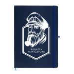 A navy A4 notebook featuring a captain's illustration and a logo, complete with a blue elastic band.