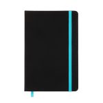 A black A5 notebook with a turquoise elastic band and ribbon bookmark. It features a logo on the cover.