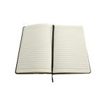 An A5 notebook with lined pages and a ribbon bookmark, shown in an open position.