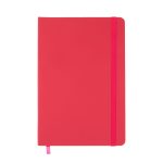 A Venture A5 Notebook featuring a sleek red cover with a coordinating pink elastic band.