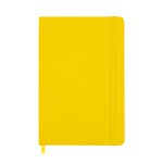 A yellow A5 notebook with a flexible cover and an elastic band closure.