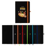 A set of colorful A5 notebooks in various shades, featuring a black notebook with a logo and an orange band.