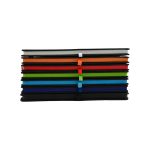 A stack of A5 notebooks in various colors, including black, blue, green, orange, red, and white, with elastic bands.