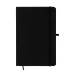 A black A5 notebook with a smooth cover and an elastic band closure, designed for office and business use.