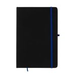 A black A5 notebook with a blue elastic band and bookmark, featuring a minimalist design and a logo.