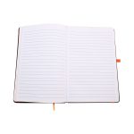 An open A5 notebook featuring lined pages and an orange ribbon bookmark, with a black cover.