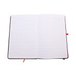 An A5 notebook with lined pages, featuring a black cover and red accents. It includes two ribbon bookmarks.