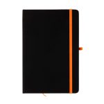 A black A5 notebook with an orange elastic band closure and bookmark.