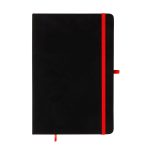 A Venture Supreme A5 Notebook with a sleek black cover and a vibrant red elastic band closure.