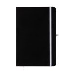 A sleek black Venture Supreme A5 Notebook featuring a white elastic closure.