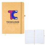 A brown A5 notebook with a textured cover and a logo, featuring blank lined pages inside.