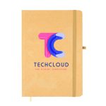 A brown A5 notebook with an elastic band closure and a colorful logo on the cover.