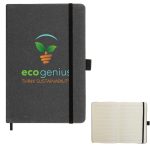 A grey recycled leather notebook with an elastic band and a logo, featuring blank lined pages inside.