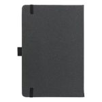 A recycled leather notebook with a hard cover, featuring a sleek dark exterior and elastic band closures.