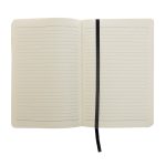A recycled leather notebook in a soft cover, featuring lined pages and a black ribbon bookmark.