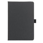 A black, hard cover notebook made from recycled leather with a ribbon closure. Features a logo on the cover.