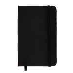 A black pocket notebook featuring a soft cover and an elastic band closure, designed for office and business use.