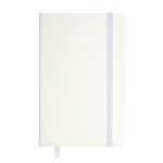 A white pocket notebook with a soft cover, elastic band, and ribbon bookmark. It has a logo on the front.