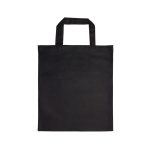 A black cotton short handle tote bag with two top handles.