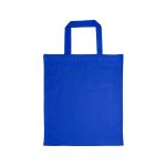 A blue cotton tote bag with short handles.