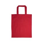A red short handle tote bag made of cotton, featuring two sturdy handles and a simple design.