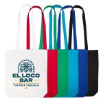 A collection of coloured cotton long handle bags in white, red, green, blue, and black, featuring a logo on one bag.