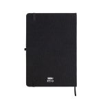 A black A5 notebook made from RPET material, featuring an elastic band closure and a ribbon bookmark.