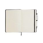 An A5 notebook with lined pages, featuring a black cover and a matching pen placed on top.