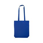 A blue long handle cotton bag is displayed, featuring a simple and spacious design suitable for various uses.