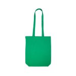 A green cotton long handle bag is presented. The bag features sturdy handles and a simple, solid color design.