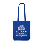 A blue cotton long handle bag with a decorative logo and text design on the front.
