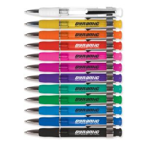 A collection of colorful plastic pens arranged in a row, featuring various vibrant colors and a logo.