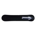 A black and silver plastic pen displayed in a sleek black case. The pen features a simple design.