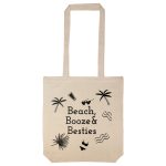 A beige tote bag with a long handle featuring palm trees and playful icons, showcasing a logo.
