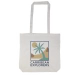 A light-colored tote bag with a graphic design featuring palm trees and mountains, including a logo.